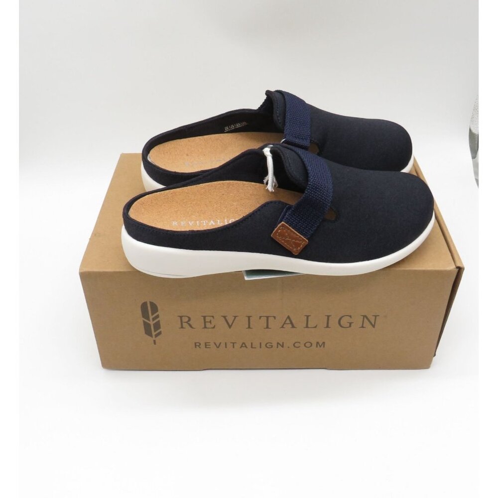 Revitalign Women's Navy Orthotic Clogs Adjustable Strap Cork Footbed 6 Wide NEW